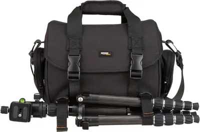 Shows the complete package a customer receives, including the camera bag and a compatible tripod, to demonstrate value and readiness for use.