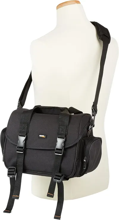 Shows the camera bag's design and carrying options to demonstrate its versatility and functionality.