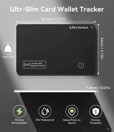 Highlights multiple key features of the card wallet tracker to showcase its versatility and advanced capabilities. Provides exact measurements to emphasize the product's slim and lightweight design,…