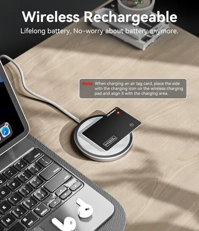 Highlights the product's wireless rechargeable feature, emphasizing long battery life and convenience. Provides specific instructions on how to properly charge the air tag card using the wireless…