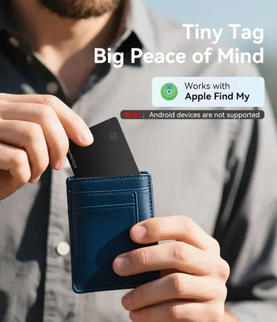 Highlights that the product works with Apple Find My, reassuring customers about its trackability and compatibility with Apple devices. Emphasizes the product's small size and ease of use, showing…