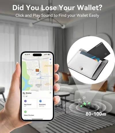 Demonstrates how to use the product's sound feature to easily locate a lost wallet. Highlights the product's ability to emit sound for locating lost items, specifically a wallet.