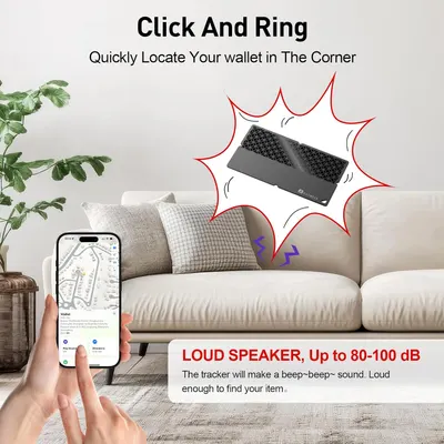 Demonstrates how the product helps users quickly locate their wallet using a smartphone app and loud sound feature.