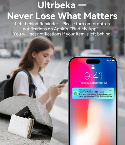 Demonstrates how the product integrates with Apple's Find My app to prevent losing valuable items. Highlights the product's ability to send notifications when an item is left behind, emphasizing its…