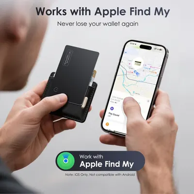 Demonstrates the product's compatibility with Apple's Find My feature, reassuring users they can easily locate their wallet if lost. Highlights the key benefit of the product - preventing wallet…