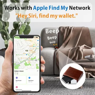 Demonstrates how the product integrates with Apple's Find My network to help locate lost items like wallets. Shows the simple process of using Siri voice command to locate the wallet, emphasizing…