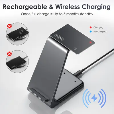 Highlights the product's rechargeable battery, wireless charging capability, and long standby time to showcase its convenience and longevity.