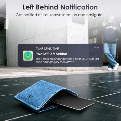 Highlights the product's ability to notify users when they've left their wallet behind, providing peace of mind and preventing loss.