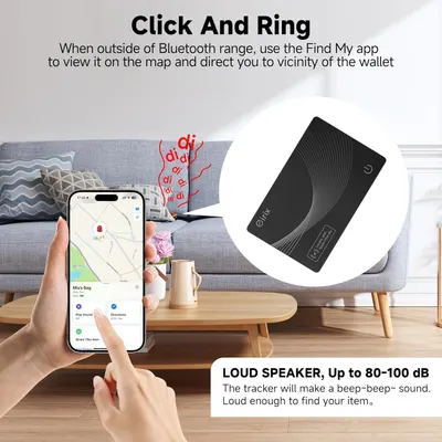 Explains how to use the product's 'Find My' feature to locate the wallet when it's outside of Bluetooth range. Highlights the wallet's loud speaker feature (80-100 dB) that helps users locate the…