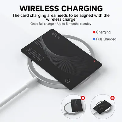 Explains how to properly align and charge the card on the wireless charger, as well as indicating charging status and battery life. Highlights the product's long standby time of up to 5 months on a…