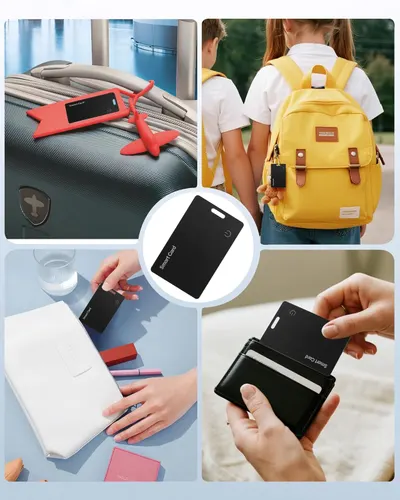 Demonstrates the versatility of the smart card product across different scenarios, showing it can be used for luggage tracking, school backpacks, and everyday carry.