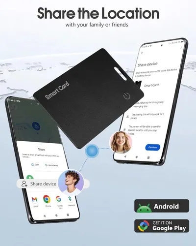Demonstrates how to share the device's location with family or friends using the product's app. Shows that the product is compatible with Android devices and available on Google Play Store.