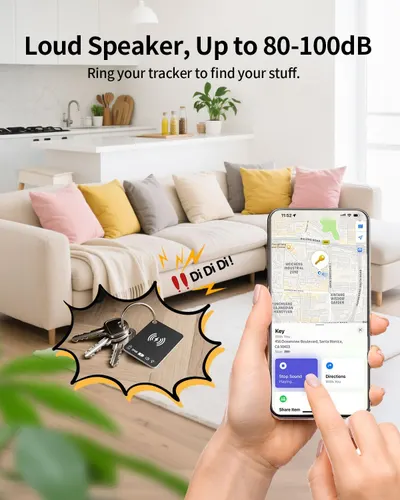 Highlights the product's loud speaker feature (80-100dB) to help users easily locate their belongings using sound.