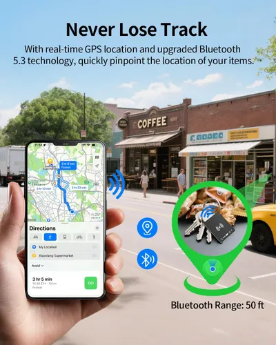 Highlights the product's ability to track items using GPS and Bluetooth technology, emphasizing the benefit of never losing track of belongings.