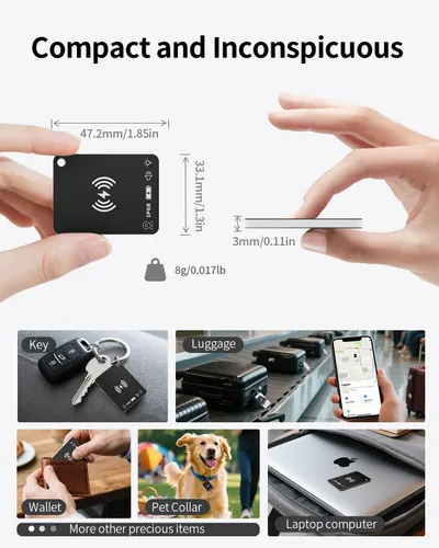 Demonstrates the product's small size and lightweight nature, emphasizing its portability and ease of use. Shows various ways the product can be used, including with keys, luggage, wallets, pet…
