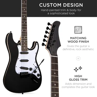 Highlights multiple aesthetic features of the guitar to showcase its premium, sophisticated design and appeal to rock enthusiasts.