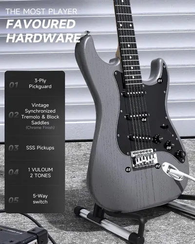 Highlights key hardware features of the guitar to showcase its quality components and player-focused design.