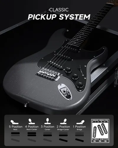 Explains the classic pickup system and 5-way switch configuration of the electric guitar, helping customers understand its sound versatility.