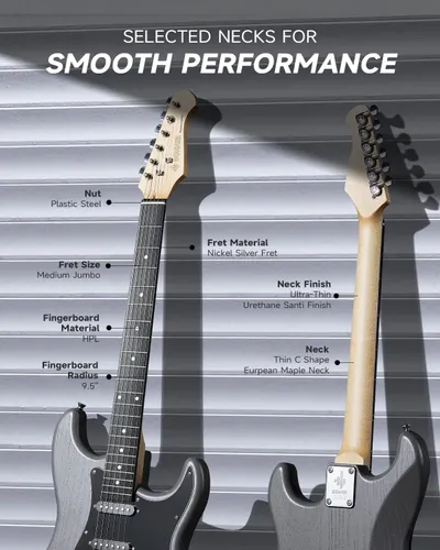 Highlights the specific components and materials used in the guitar necks to demonstrate quality and performance features.