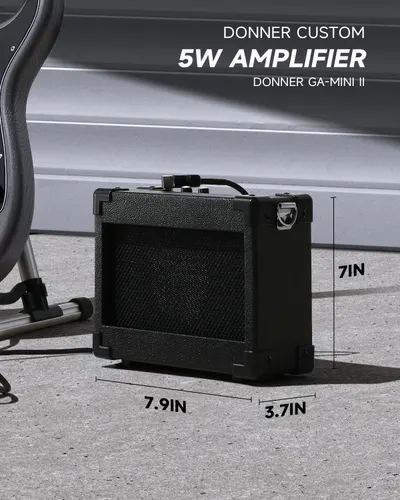 Demonstrates the small, portable size of the amplifier to show its convenience for travel or small spaces. Highlights the amplifier's power output to inform potential buyers of its performance…
