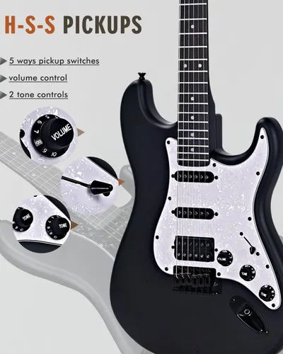 Highlights the H-S-S pickup configuration and control layout of the electric guitar to inform potential buyers about its sound customization capabilities.