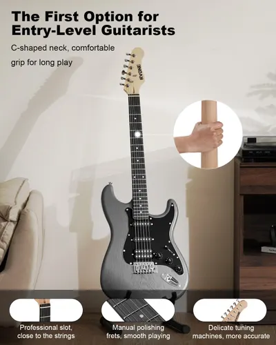Highlights multiple features of the guitar that make it ideal for entry-level guitarists, emphasizing comfort, quality, and ease of play.