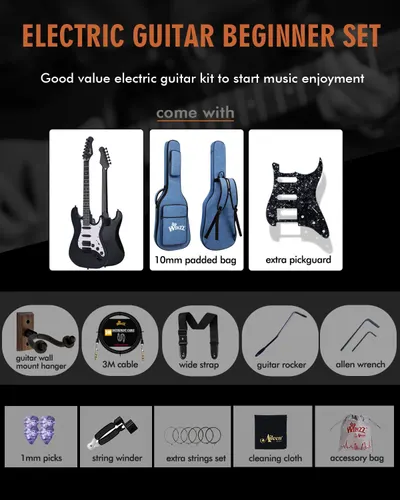 Shows all the items included in the electric guitar beginner set, highlighting the value and completeness of the package for new guitarists.