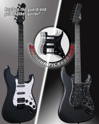 Highlights the ability to easily change the guitar's appearance by replacing the pickguard, appealing to musicians who want versatility in their instrument's look.
