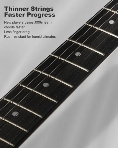 Highlights the benefits of thinner guitar strings for improved playability and learning speed.