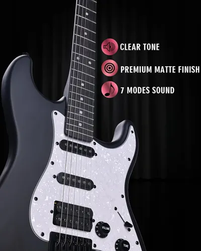 Highlights multiple key features of the guitar to showcase its quality and versatility.