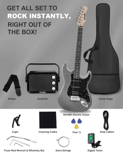 Shows all the items included in the electric guitar package, emphasizing that it's a comprehensive set for immediate use.