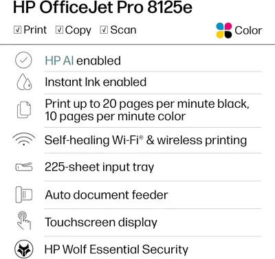 Highlights multiple key features and capabilities of the HP OfficeJet Pro 8125e printer to showcase its versatility and advanced functionality.