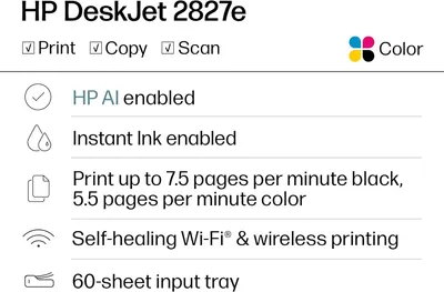 Highlights multiple key features and capabilities of the HP DeskJet 2827e printer to showcase its versatility and performance.