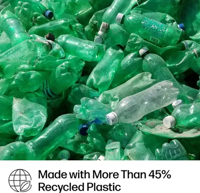 Highlights the product's eco-friendly composition, emphasizing that it's made with more than 45% recycled plastic to appeal to environmentally conscious consumers.