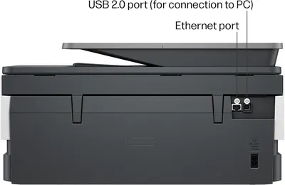 Highlights the USB and Ethernet ports to show connectivity options for the printer.