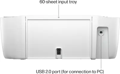 Highlights key features of the printer, specifically the 60-sheet input tray capacity and USB 2.0 port for PC connection.