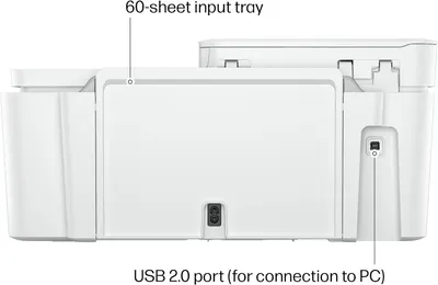 Highlights key features of the printer, specifically the 60-sheet input tray capacity and USB 2.0 port for PC connection.