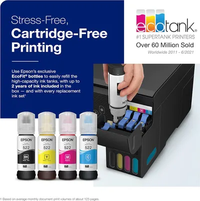 Highlights the printer's unique cartridge-free system using refillable ink tanks, emphasizing convenience and cost savings for the user.