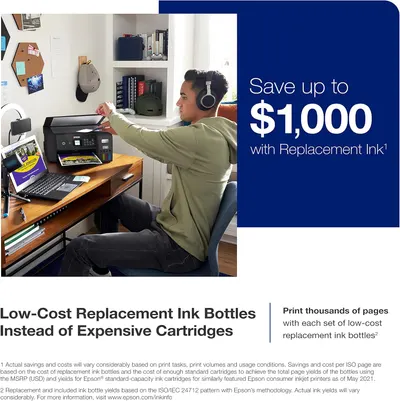 Highlights the significant cost savings and high page yield of replacement ink bottles compared to traditional cartridges. Shows the printer in a realistic home office environment to help customers…