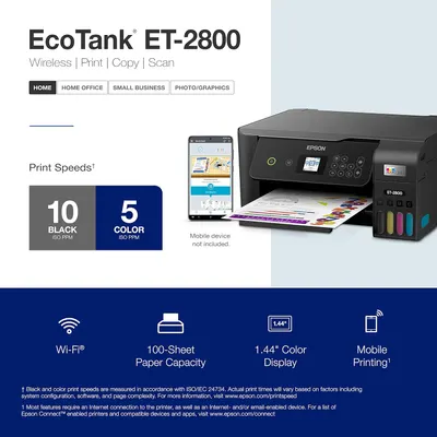 Highlights multiple key features and specifications of the EcoTank ET-2800 printer to showcase its versatility and performance for different user needs.