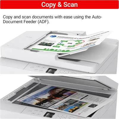 Demonstrates the printer's ability to easily copy and scan documents using the Auto-Document Feeder (ADF).
