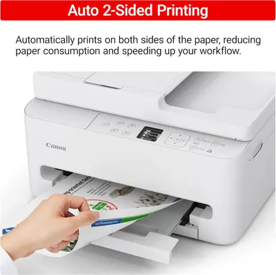 Highlights the printer's ability to automatically print on both sides of the paper, emphasizing efficiency and paper savings.