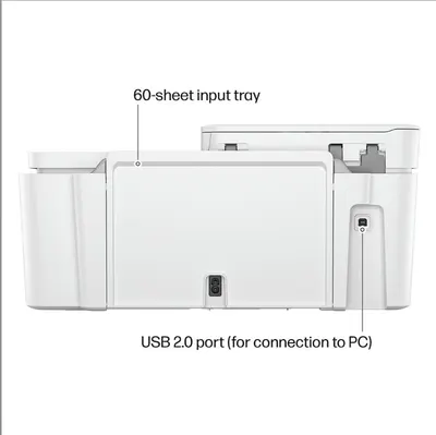 Highlights key features of the printer, specifically the 60-sheet input tray and USB 2.0 port for PC connection.