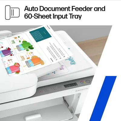 Highlights the printer's capability to automatically feed documents and handle a large volume of paper, emphasizing convenience and efficiency for users.