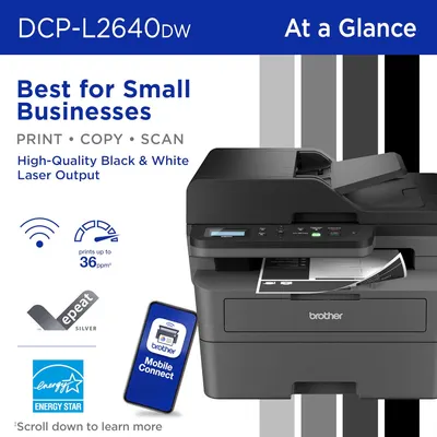 Highlights multiple key features of the printer to demonstrate its suitability for small businesses, including high-quality output, wireless capabilities, and mobile connectivity.
