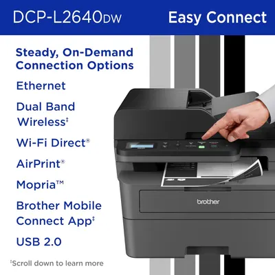 Highlights the printer's multiple connectivity features to show versatility and ease of use for various setups.