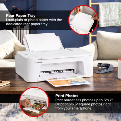 Highlights two key features of the printer: the dedicated rear paper tray for loading different paper types, and the ability to print high-quality photos in various sizes.
