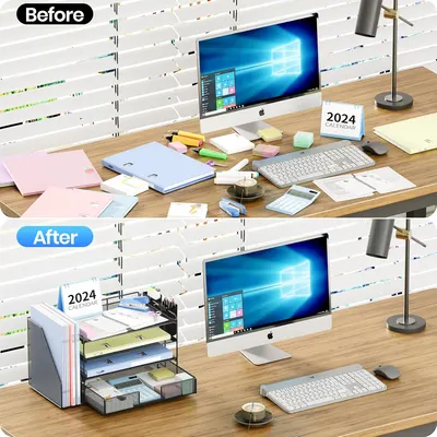 Demonstrates the transformation of a cluttered desk to an organized workspace, showcasing the effectiveness of the desk organizer product.
