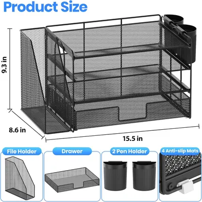 Provides exact measurements of the desk organizer to help shoppers understand its size and fit for their workspace. Shows all the components included in the desk organizer set, highlighting its…