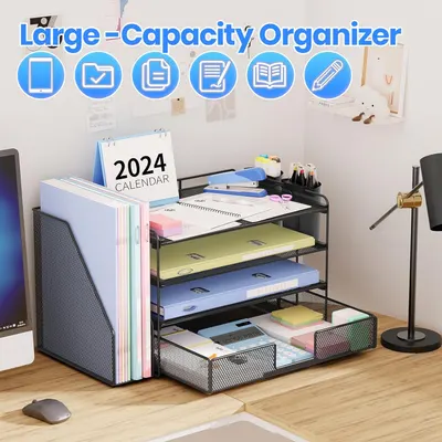 Showcases the organizer's ability to store various office supplies and documents, emphasizing its versatility and space-saving design.